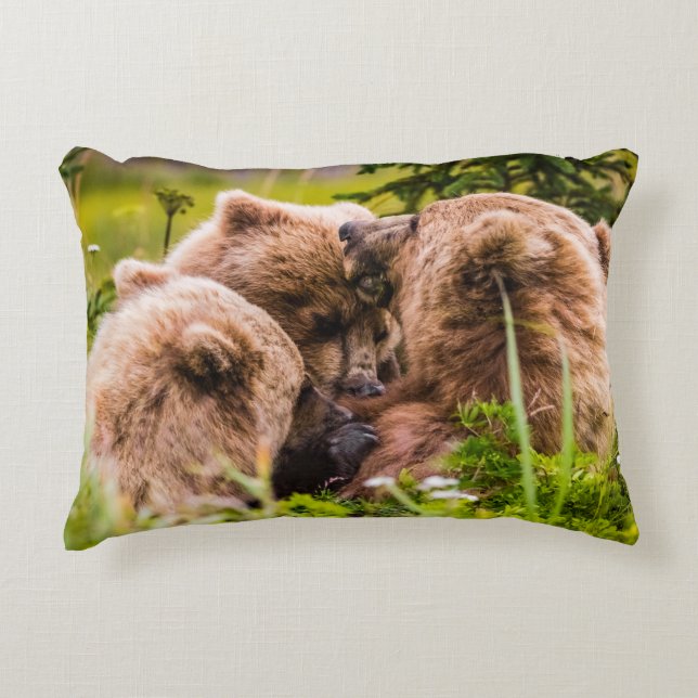 Mama bear nursing her two cubs, Lake Clark Nationa Decorative Cushion (Front)