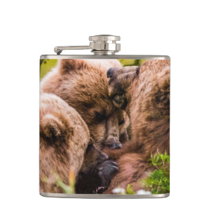 Mama bear nursing her two cubs, Lake Clark Nationa Hip Flask