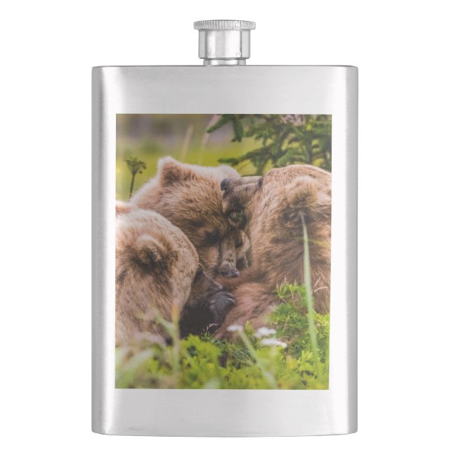 Mama bear nursing her two cubs, Lake Clark Nationa Hip Flask (Front)