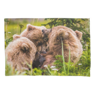 Mama bear nursing her two cubs, Lake Clark Nationa Pillowcase