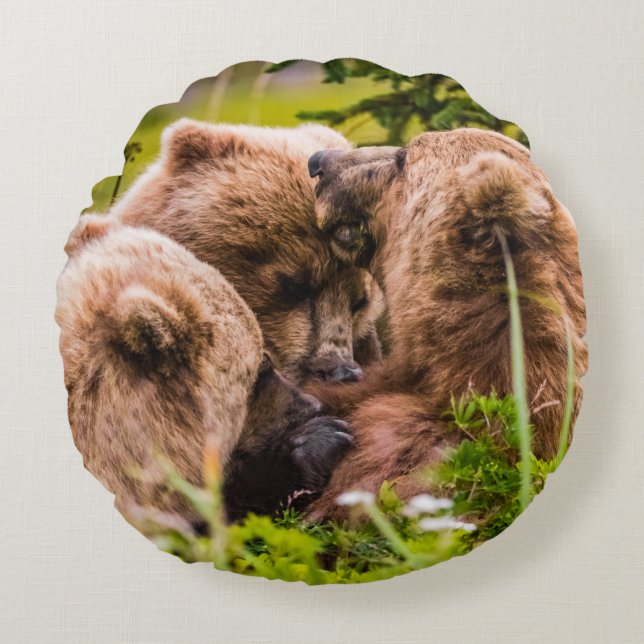 Mama bear nursing her two cubs, Lake Clark Nationa Round Cushion (Front)