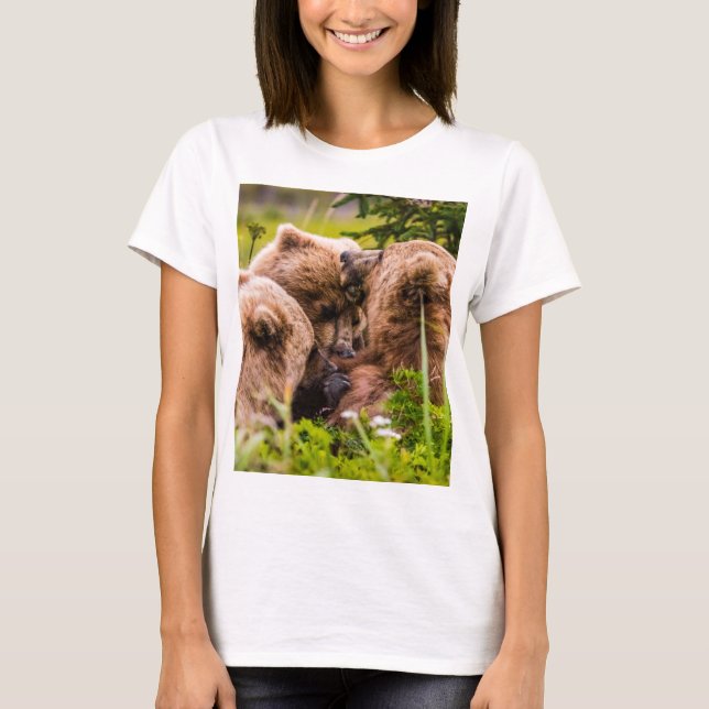 Mama bear nursing her two cubs, Lake Clark Nationa T-Shirt (Front)