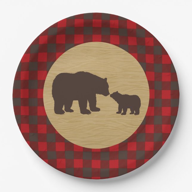 Mama Bear Plaid Lumberjack Flannel Paper Plates (Front)