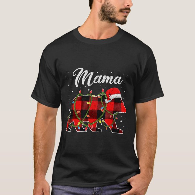 Mama Bear Shirt, Red Buffalo Plaid Mum Bear Pajama T-Shirt (Front)