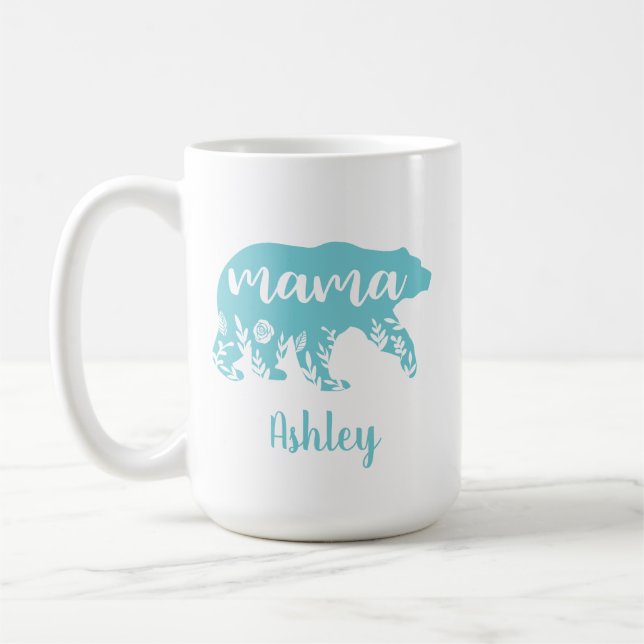 Mama Bear Turquoise Flowers Coffee Mug (Left)