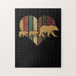 Mama Bear Two Cubs Retro Heart Mothers Day Gift Jigsaw Puzzle