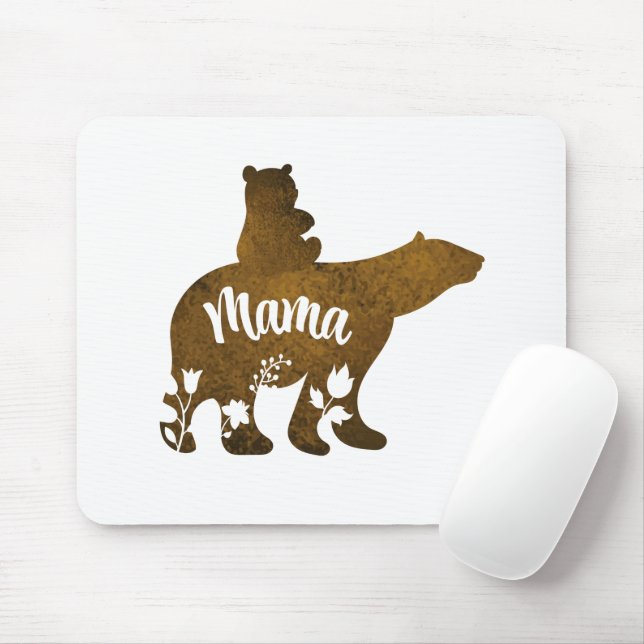 Mama Bear With 1 Cub Riding On Mama's Back Mouse Mat (With Mouse)