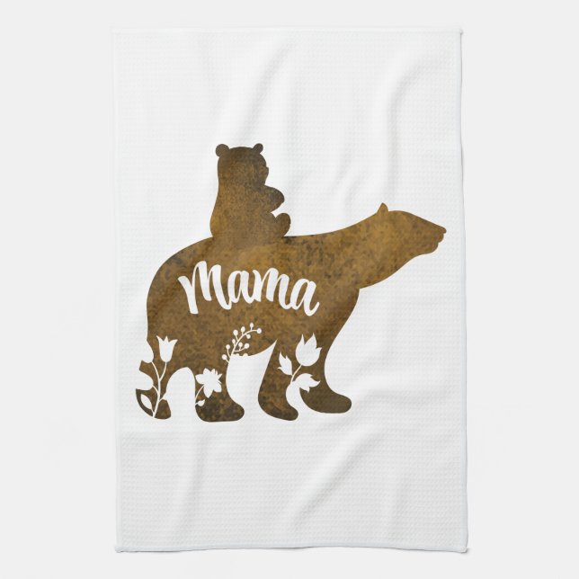 Mama Bear With 1 Cub Riding On Mama's Back Tea Towel (Vertical)