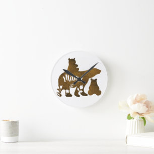 Mama Bear With 2 Cubs Mum of Two Round Clock