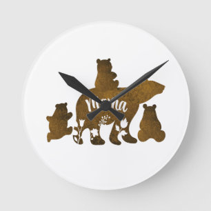 Mama Bear With 3 Baby Bear Cubs Following Mama Round Clock