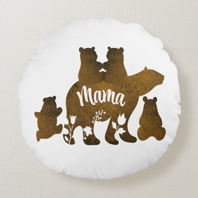 Mama Bear With 4 Cubs Mum of Four Children Gift Round Cushion (Front)
