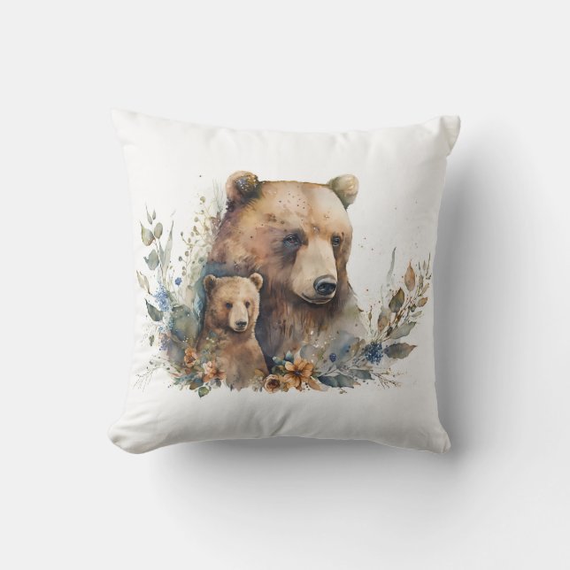 Mama Bear with Cub Watercolor Cushion (Front)
