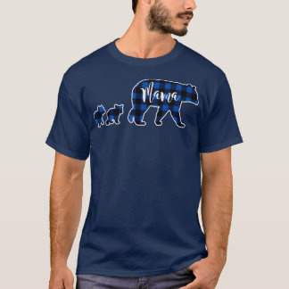 Mama Bear with Two 2 Cubs Black Blue Buffalo Check T-Shirt