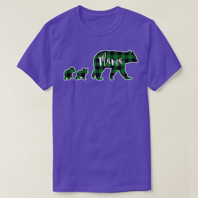 Mama Bear with Two 2 Cubs Black Green Buffalo Chec T-Shirt (Design Front)