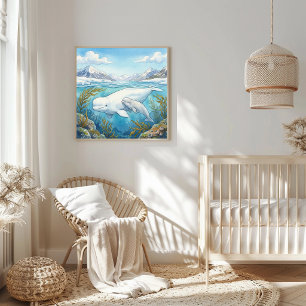 Mama Beluga Whale and Calf Nursery Poster
