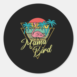 Mama Bird Flamingo Sunset Palm Tree Beach 80s Classic Round Sticker