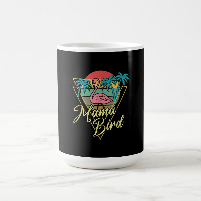 Mama Bird Flamingo Sunset Palm Tree Beach 80s Coffee Mug (Center)