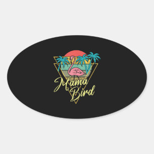 Mama Bird Flamingo Sunset Palm Tree Beach 80s Oval Sticker