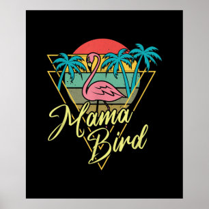 Mama Bird Flamingo Sunset Palm Tree Beach 80s Poster