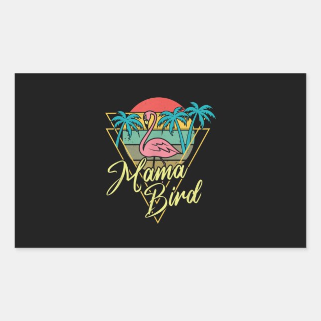 Mama Bird Flamingo Sunset Palm Tree Beach 80s Rectangular Sticker (Front)