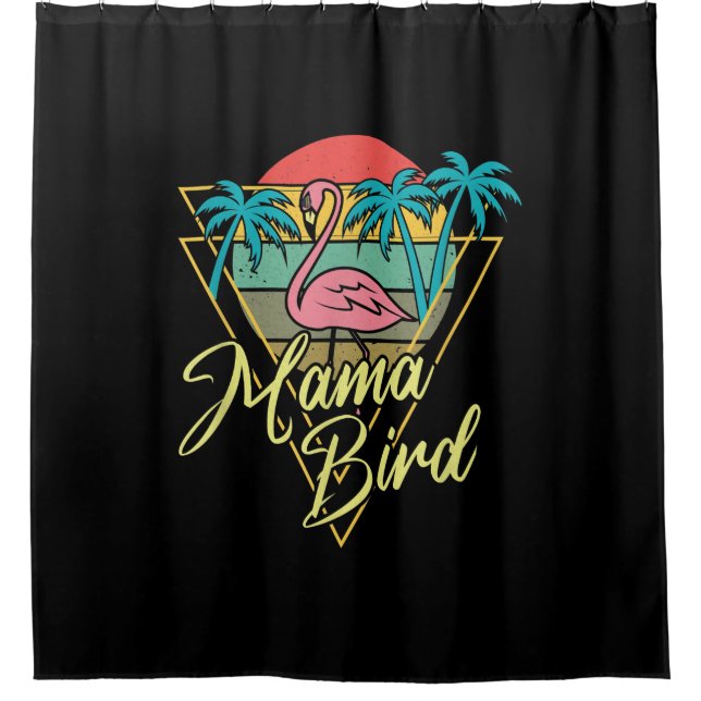 Mama Bird Flamingo Sunset Palm Tree Beach 80s Shower Curtain (Front)