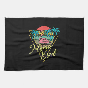 Mama Bird Flamingo Sunset Palm Tree Beach 80s Tea Towel