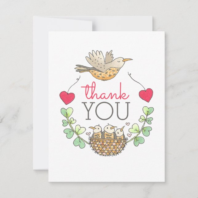 Mama Bird Flying over Nest with Hearts Thank You Card (Front)