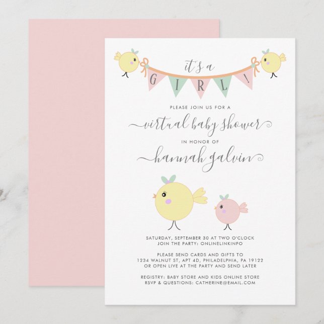 Mama Bird Little Chick Virtual Baby Girl Shower Invitation (Front/Back)