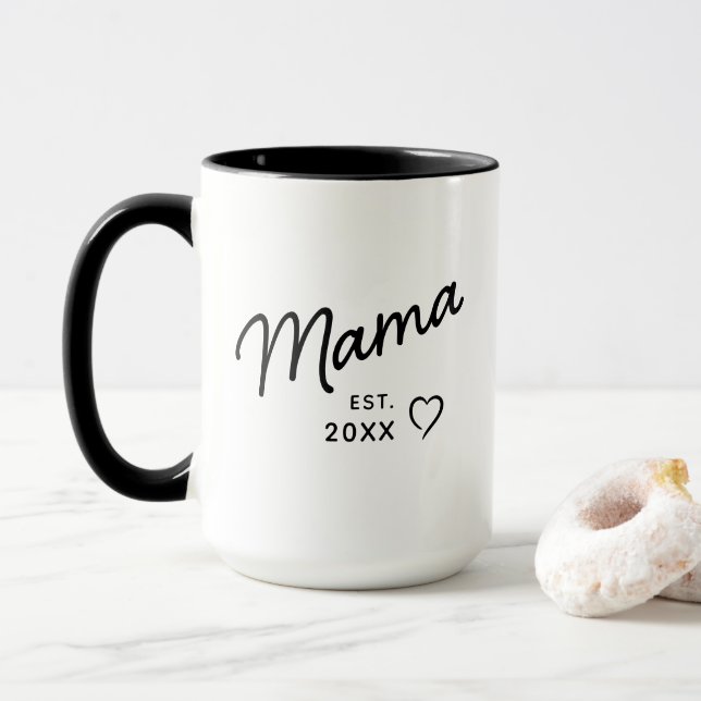 Mama Black and White Minimalist Est Year  Mug (With Donut)