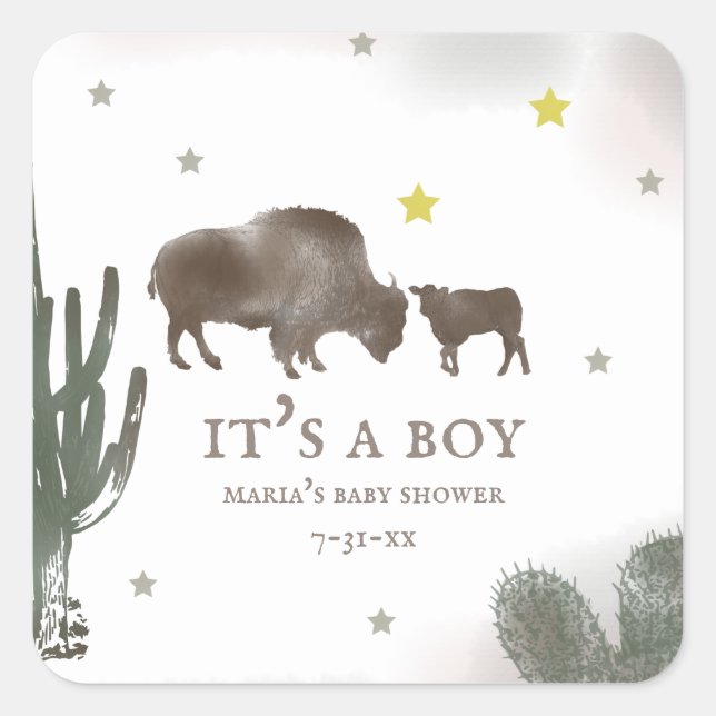 Mama Buffalo Cactus Boy Baby Shower Label (Front)