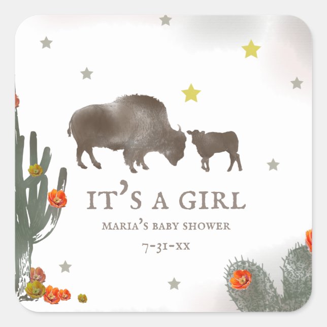 Mama Buffalo Cactus Girl Baby Shower Label (Front)
