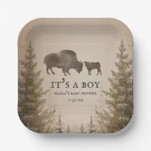 Mama Buffalo Evergreen Boy Baby Shower Paper Plate
