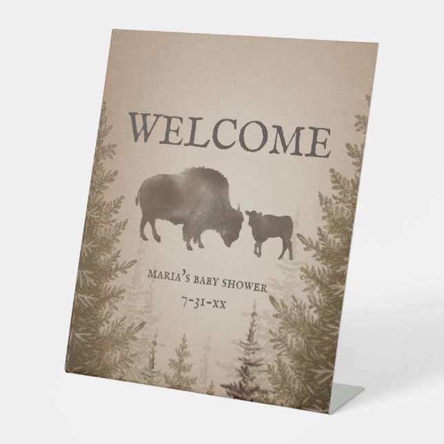 Mama Buffalo Evergreen Boy Baby Shower Pedestal Sign (Front)