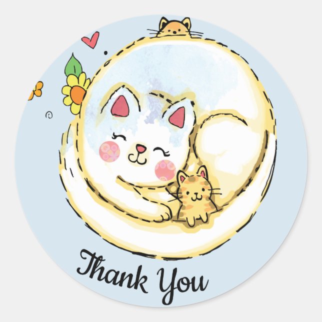 Mama Cat and Kittens Thank You Stickers (Front)