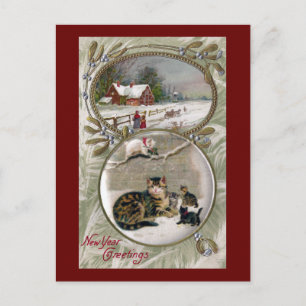 Mama Cat and Kittens Vintage New Year Holiday Postcard