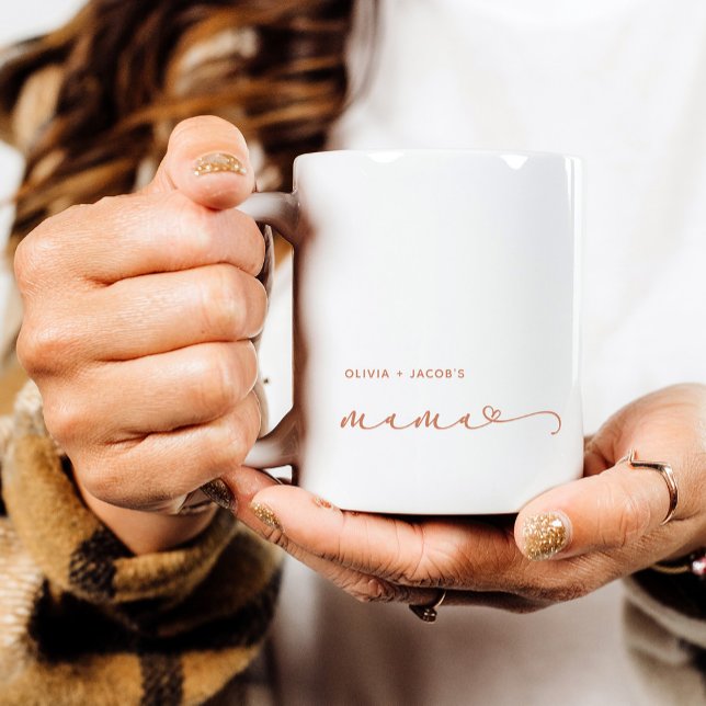Mama | Chic Boho Script and Heart with Kids Names Coffee Mug (Creator Uploaded)