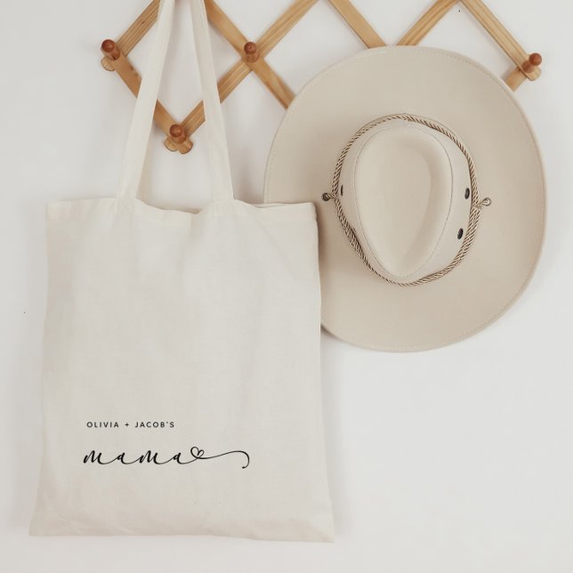 Mama | Chic Script and Heart with Kids Names Tote Bag