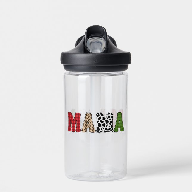 Mama Christmas Plaid Pattern Design Water Bottle (Front)