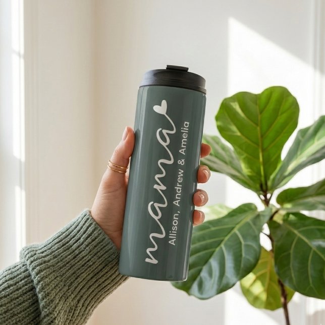 Mama | Custom Modern Script Mum with Kids Names Thermal Tumbler (Personalized Tumbler Gift for Mom Mother’s Day, Personalized Travel Mug Gift for Mom with Kids Names)