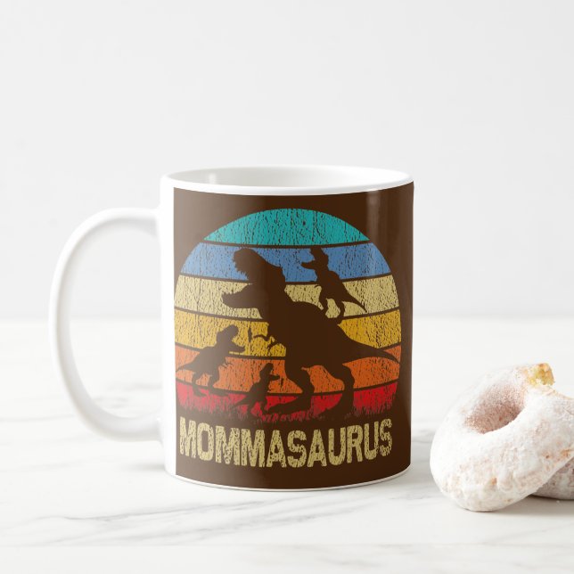 Mama Dinosaur T Rex Mommasaurus 3 kids Family Coffee Mug (With Donut)