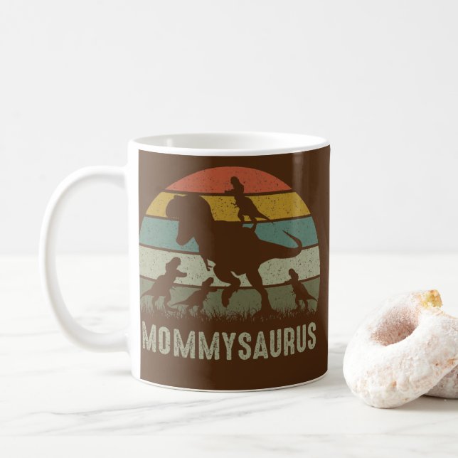 Mama Dinosaur T Rex Mommysaurus 4 kids Family Coffee Mug (With Donut)