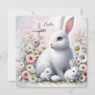 Mama Easter Bunny and Babies with Daisies Holiday Card