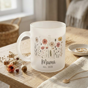 Mama Est Floral Year Wildflower Script Artwork Frosted Glass Coffee Mug