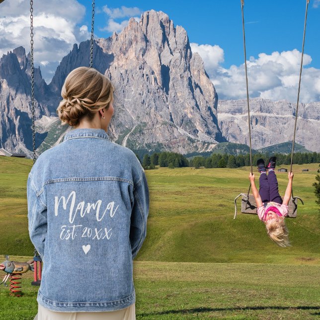 Mama est. white typography and heart Mother's Day Denim Jacket (Creator Uploaded)