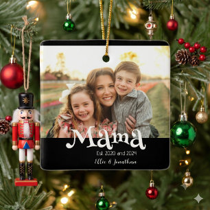 Mama Established Photo Kids Name Fun Text Ceramic Ornament