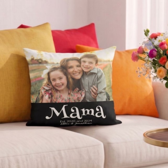 Mama Established Photo Kids Name Fun Text Cushion (Creator Uploaded)
