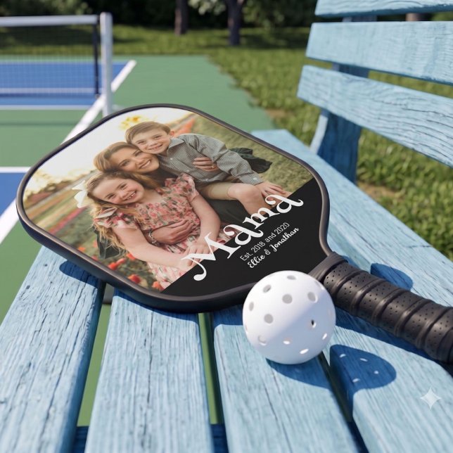 Mama Established Photo Kids Name Fun Text Pickleball Paddle (Creator Uploaded)