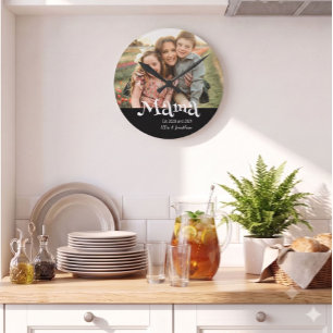 Mama Established Photo Kids Name Fun Text Round Clock