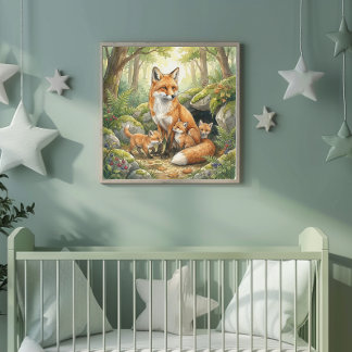 Mama Fox and Her Babies Nursery Poster