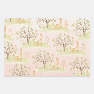 Mama Giraffe With Baby & Friends Blush Pink Wrapping Paper Sheet